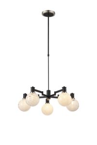 Erdi Swing Arm Telescopic Pendant, 5 Light E14, Satin Nickel/Satin Black/White Round Speckled Glass