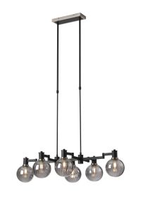 Erdi Telescopic Linear Pendant, 6 Light E14, Satin Nickel/Satin Black/Smoke Plated Round Segment Glass