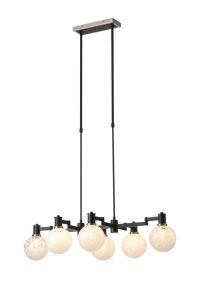 Erdi Swing Arm Telescopic Linear Pendant, 6 Light E14, Satin Nickel/Satin Black/White Round Speckled Glass