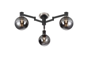 Erdi Flush Ceiling, 3 Light E14, Satin Nickel/Satin Black/Smoke Plated Round Segment Glass