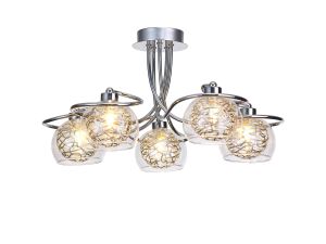 Talia 52cm Semi Ceiling Round, 5 Light G9, Polished Chrome/Silver/Clear Glass