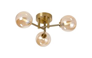 Gana 44.5cm Semi Flush Ceiling Round, 3 Light G9, IP44, Brass Gold/Amber Smooth Round Glass