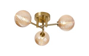Gana 44.5cm Semi Flush Ceiling Round, 3 Light G9, IP44, Brass Gold/Amber Ribbed Round Glass