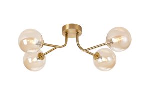 Gana Linear Semi Flush Ceiling, 4 Light G9, IP44, Brass Gold/Amber Smooth Round Glass