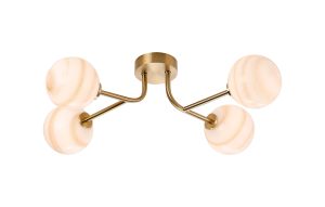 Gana Linear Semi Flush Ceiling, 4 Light G9, IP44, Brass Gold/Brown Round Marble Effect Glass