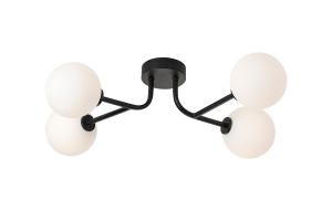 Gana Linear Semi Flush Ceiling, 4 Light G9, IP44, Satin Black/Opal Smooth Round Glass