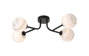 Gana Linear Semi Flush Ceiling, 4 Light G9, IP44, Satin Black/Grey Round Marble Effect Glass