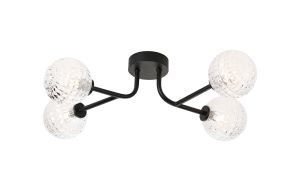 Gana Linear Semi Flush Ceiling, 4 Light G9, IP44, Satin Black/Clear Cross Pattern Round Glass