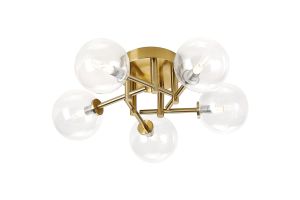 Gana 50cm Semi Flush Ceiling Round, 5 Light G9, IP44, Brass Gold/Clear Smooth Round Glass