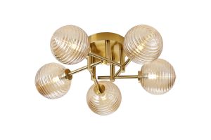 Gana 50cm Semi Flush Ceiling Round, 5 Light G9, IP44, Brass Gold/Amber Ribbed Round Glass