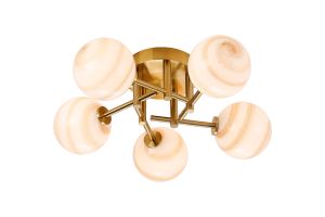 Gana 50cm Semi Flush Ceiling Round, 5 Light G9, IP44, Brass Gold/Brown Round Marble Effect Glass