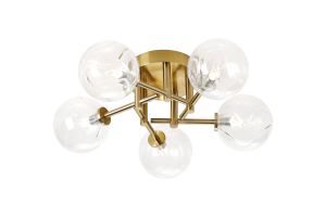 Gana 50cm Semi Flush Ceiling Round, 5 Light G9, IP44, Brass Gold/Clear Waved Round Glass