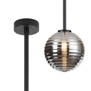 Gana 12cm Telescopic Pendant Kit, 1 Light G9, IP44, Satin Black/Smoke Ribbed Round Glass