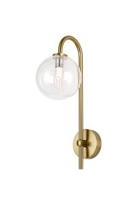 Gana Curved Arm Wall Light, 1 Light G9, IP44, Brass Gold/Clear Smooth Round Glass