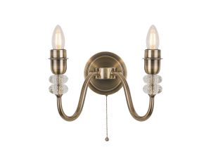 Lexo Wall Lamp Pull Switch (FRAME ONLY) Without Shade, 2 Light E27, Antique Brass/Clear Crystal