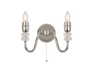 Lexo Wall Lamp Pull Switch (FRAME ONLY) Without Shade, 2 Light E27, Polished Nickel/Clear Crystal