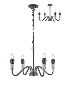 Lexo 60cm Multi Arm Pendant/Semi Flush (FRAME ONLY) Without Shade, 4 Light E27, c/w 1m Chain, Satin Black/Clear Crystal