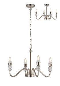 Lexo 60cm Multi Arm Pendant/Semi Flush (FRAME ONLY) Without Shade, 4 Light E27, c/w 1m Chain, Polished Nickel/Clear Crystal