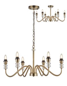 Lexo 74cm Multi Arm Pendant/Semi Flush (FRAME ONLY) Without Shade, 6 Light E27, c/w 1.5m Chain, Antique Brass/Clear Crystal