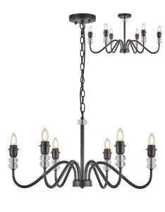 Lexo 74cm Multi Arm Pendant/Semi Flush (FRAME ONLY) Without Shade, 6 Light E27, c/w 1.5m Chain, Satin Black/Clear Crystal