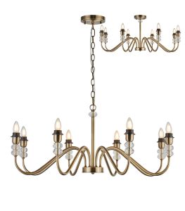 Lexo 94cm Multi Arm Pendant/Semi Flush (FRAME ONLY) Without Shade, 8 Light E27, c/w 1.5m Chain, Antique Brass/Clear Crystal