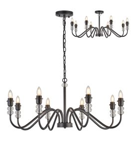 Lexo 94cm Multi Arm Pendant/Semi Flush (FRAME ONLY) Without Shade, 8 Light E27, c/w 1.5m Chain, Satin Black/Clear Crystal