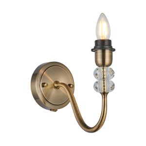 Lexo Wall Lamp Pull Switch (FRAME ONLY) Without Shade, 1 Light E27, Antique Brass/Clear Crystal