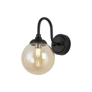 Notte Curved Arm Wall Light, 1 Light G9, IP44, Satin Black/Amber Smooth Round Glass