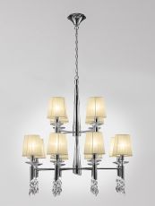 Tiffany 85cm Pendant 2 Tier 12+12 Light E14+G9, Polished Chrome With Cream Shades & Clear Crystal
