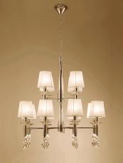 Tiffany 85cm Pendant 2 Tier 12+12 Light E14+G9, French Gold With Cream Shades & Clear Crystal
