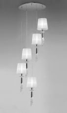 Tiffany 60cm Pendant 5+5 Light E27+G9 Spiral, Polished Chrome With White Shades & Clear Crystal