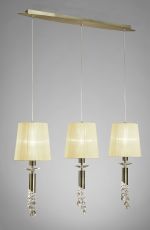 Tiffany Linear Pendant 3+3 Light E27+G9 Line, Antique Brass With Cream Shades & Clear Crystal