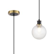 Jestero 1.3m Pendant, 1 Light E14 With 15cm Round Textured Diamond Pattern Glass Shade, Brass, Clear & Satin Black