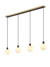 Jestero 1.3m Linear Pendant, 4 Light E14 With 15cm Round White & Grey Marble Effect Glass Shade, Brass & Satin Black Framework