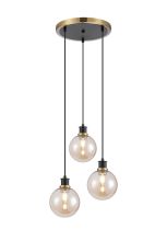 Jestero 38cm Round Pendant, 3 Light E14 With 15cm Round Glass Shade, Brass, Amber Plated & Satin Black