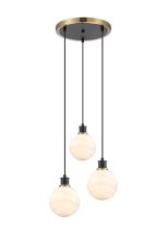 Jestero 38cm Round Pendant, 3 Light E14 With 15cm Round White & Grey Marble Effect Glass Shade, Brass & Satin Black Framework