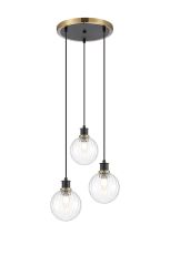 Jestero 38cm Round Pendant, 3 Light E14 With 15cm Round Segment Glass Shade, Brass, Clear & Satin Black