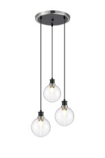 Jestero 38cm Round Pendant, 3 Light E14 With 15cm Round Ribbed Glass Shade, Satin Nickel, Clear & Satin Black