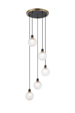 Jestero 48cm Round Pendant, 5 Light E14 With 15cm Round Textured Diamond Pattern Glass Shade, Brass, Clear & Satin Black