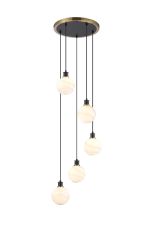 Jestero 48cm Round Pendant, 5 Light E14 With 15cm Round White & Grey Marble Effect Glass Shade, Brass & Satin Black Framework