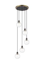 Jestero 48cm Round Pendant, 5 Light E14 With 15cm Round Segment Glass Shade, Brass, Clear & Satin Black