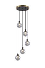 Jestero 48cm Round Pendant, 5 Light E14 With 15cm Round Glass Shade, Brass, Smoke Plated & Satin Black