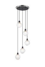 Jestero 48cm Round Pendant, 5 Light E14 With 15cm Round Textured Melting Glass Shade, Satin Nickel, Clear & Satin Black