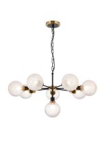 Jestero 84cm Pendant, 8 Light E14 With 15cm Round Textured Diamond Pattern Glass Shade, Brass, Clear & Satin Black