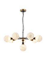 Jestero 84cm Pendant, 8 Light E14 With 15cm Round White & Grey Marble Effect Glass Shade, Brass & Satin Black Framework