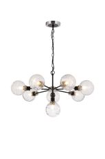 Jestero 84cm Pendant, 8 Light E14 With 15cm Round Textured Melting Glass Shade, Satin Nickel, Clear & Satin Black