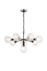 Jestero 84cm Pendant, 8 Light E14 With 15cm Round Ribbed Glass Shade, Satin Nickel, Clear & Satin Black