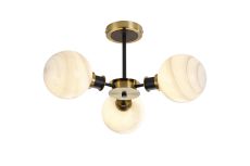 Jestero 53cm Semi Ceiling, 3 Light E14 With 15cm Round White & Grey Marble Effect Glass Shade, Brass & Satin Black Framework