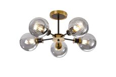 Jestero 52cm Semi Ceiling, 5 Light E14 With 15cm Round Segment Glass Shade, Brass, Smoke Plated & Satin Black