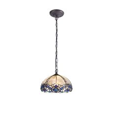 Pizza 31cm 1 Light Downlight Pendant E27 With 30cm Tiffany Shade, Blue/Clear Crystal/Aged Antique Brass